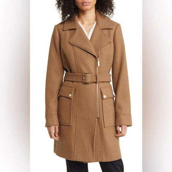 Michael Kors Asymmetric Zip Wool Blend Belted Coat in Dark Camel Size Small NWT - Picture 1 of 9